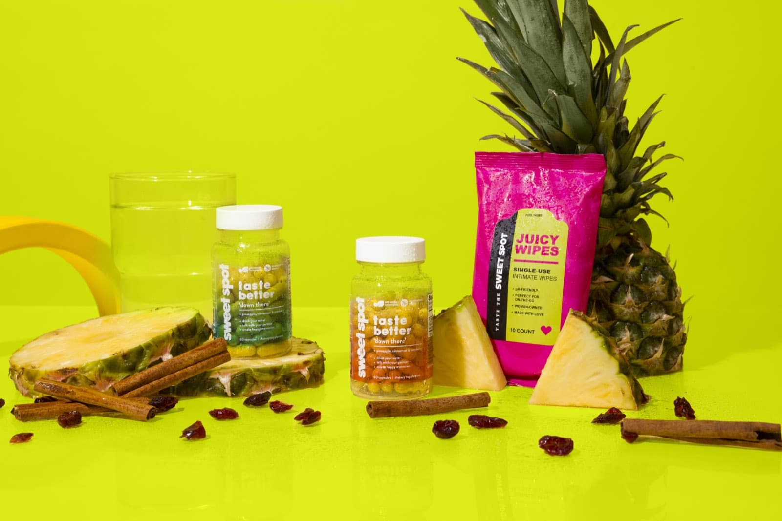 For Her, For Him, and Juicy Wipes with pineapple, cranberries, cinnamon, and water