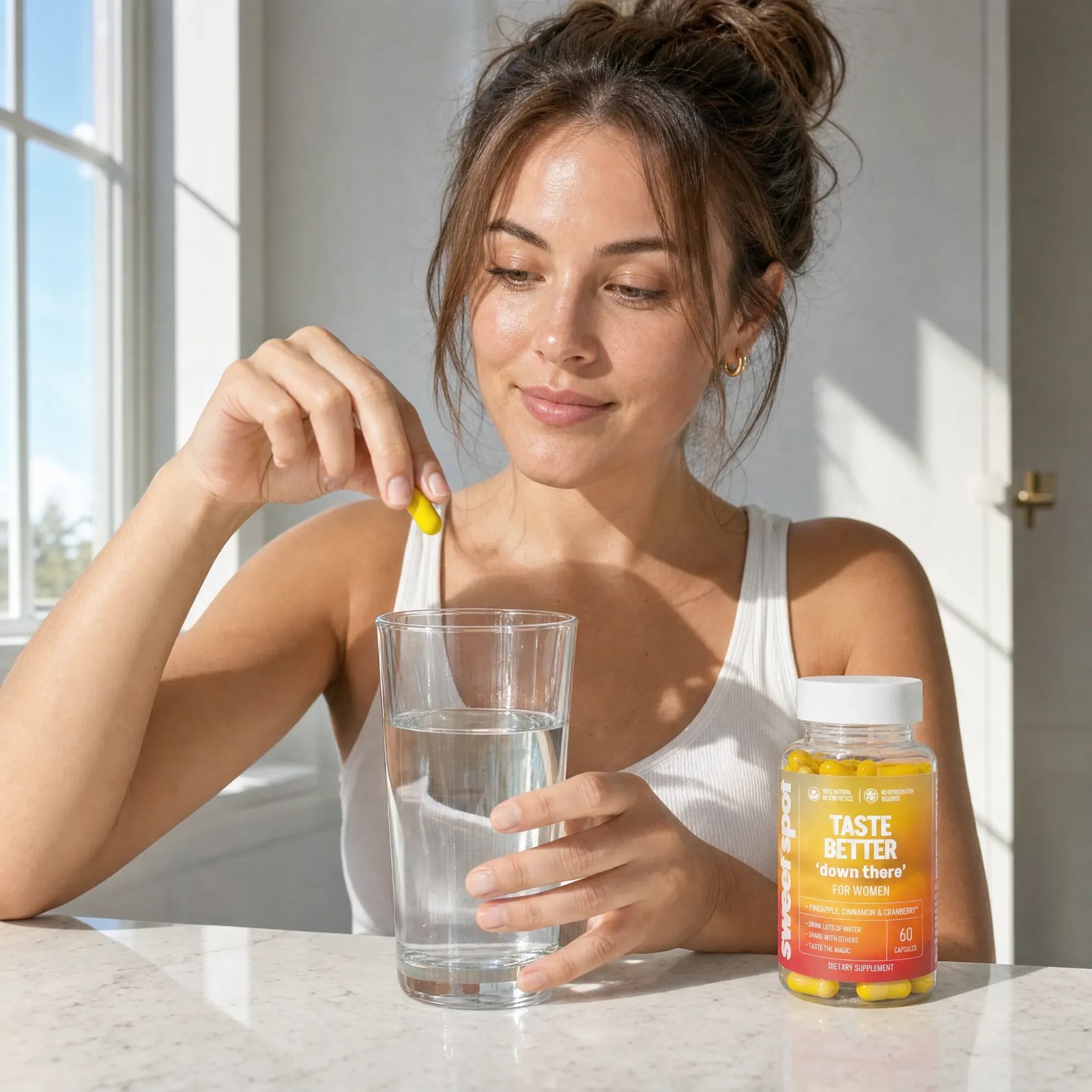 A woman in a white tank top holds a glass of water and a yellow capsule beside a Sweet Spot bottle labeled taste better down there for women.