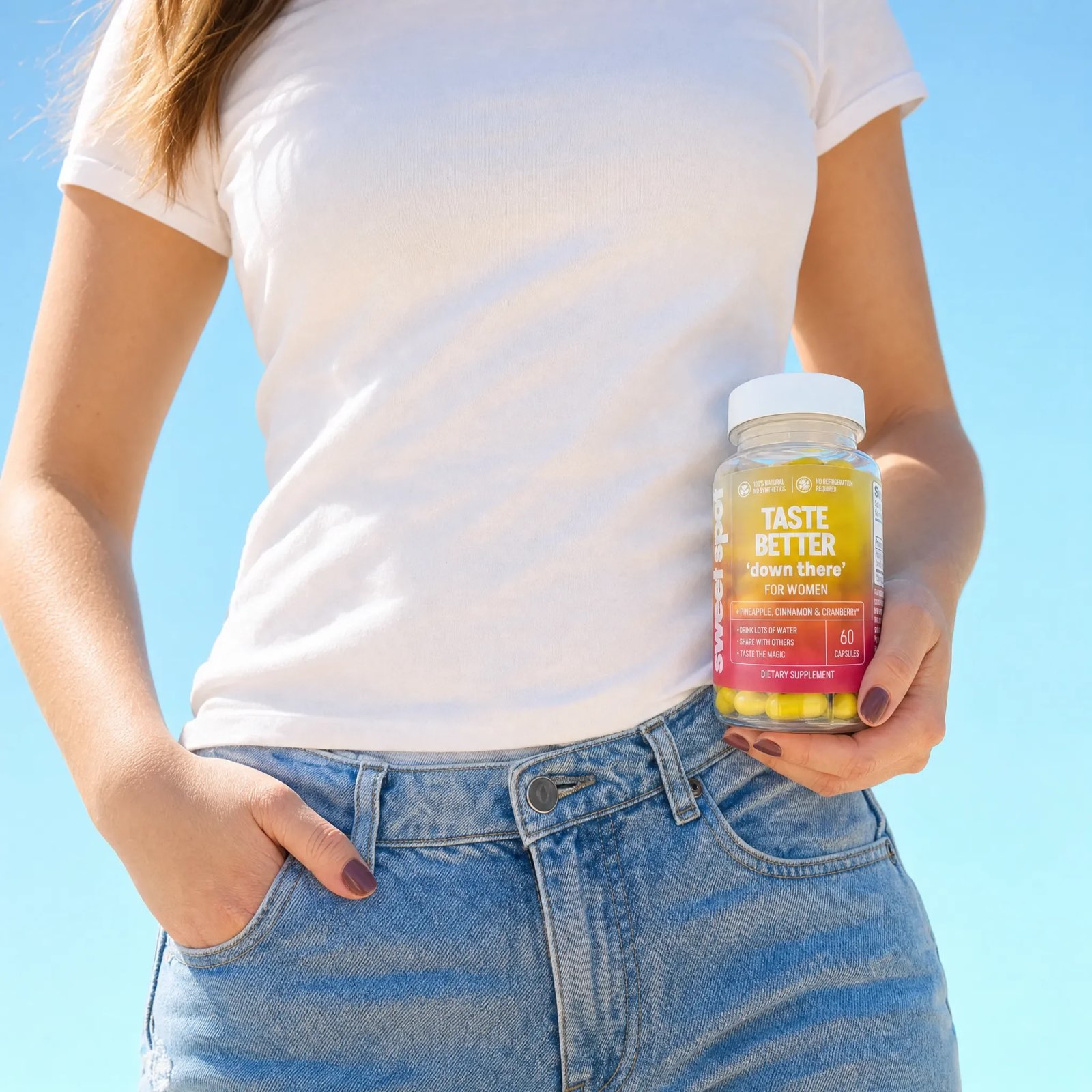 A woman in a white t-shirt and jeans holds a Sweet Spot bottle labeled taste better down there for women against a clear blue sky.