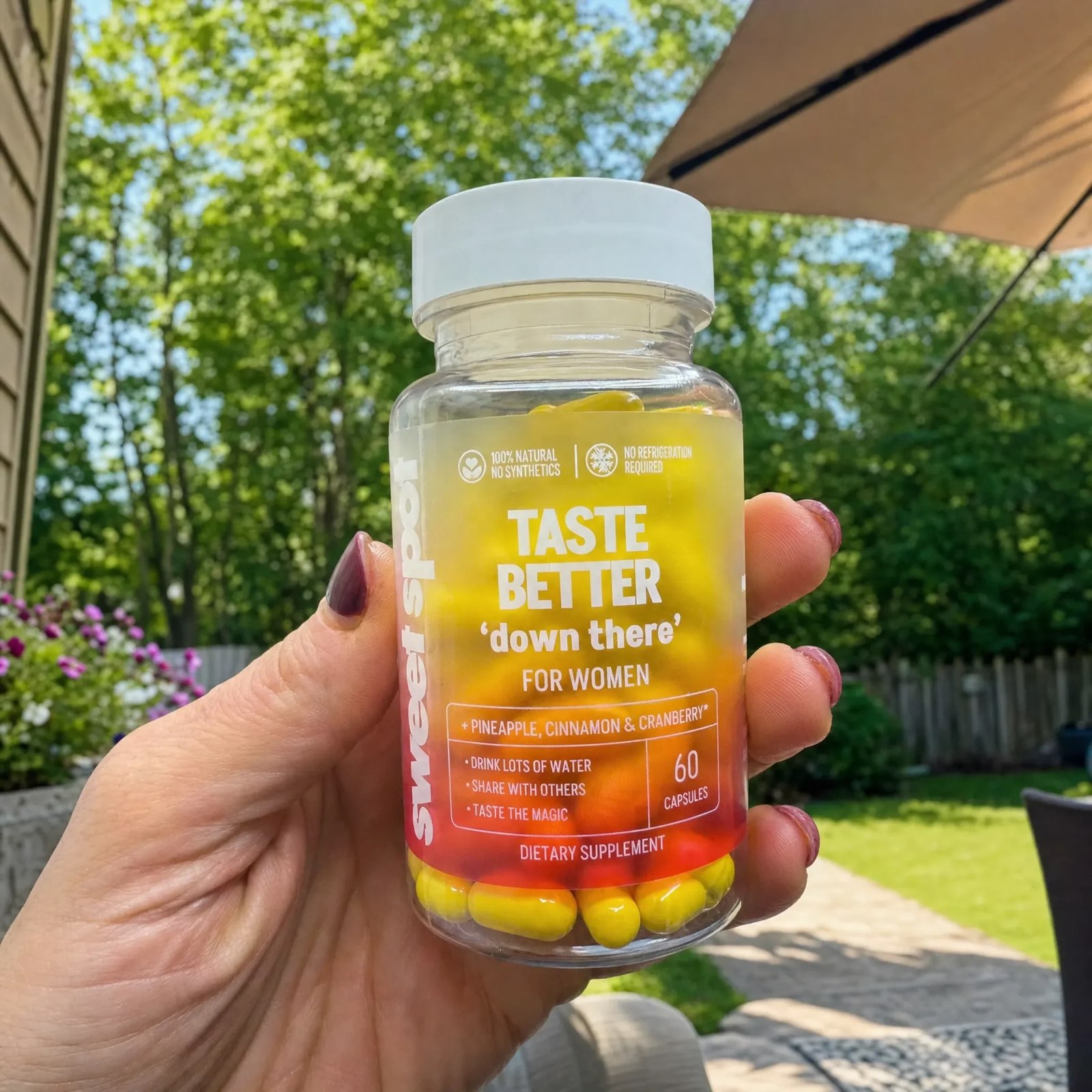A hand with dark nail polish holds a Sweet Spot bottle labeled taste better down there for women in a sunny backyard with trees.