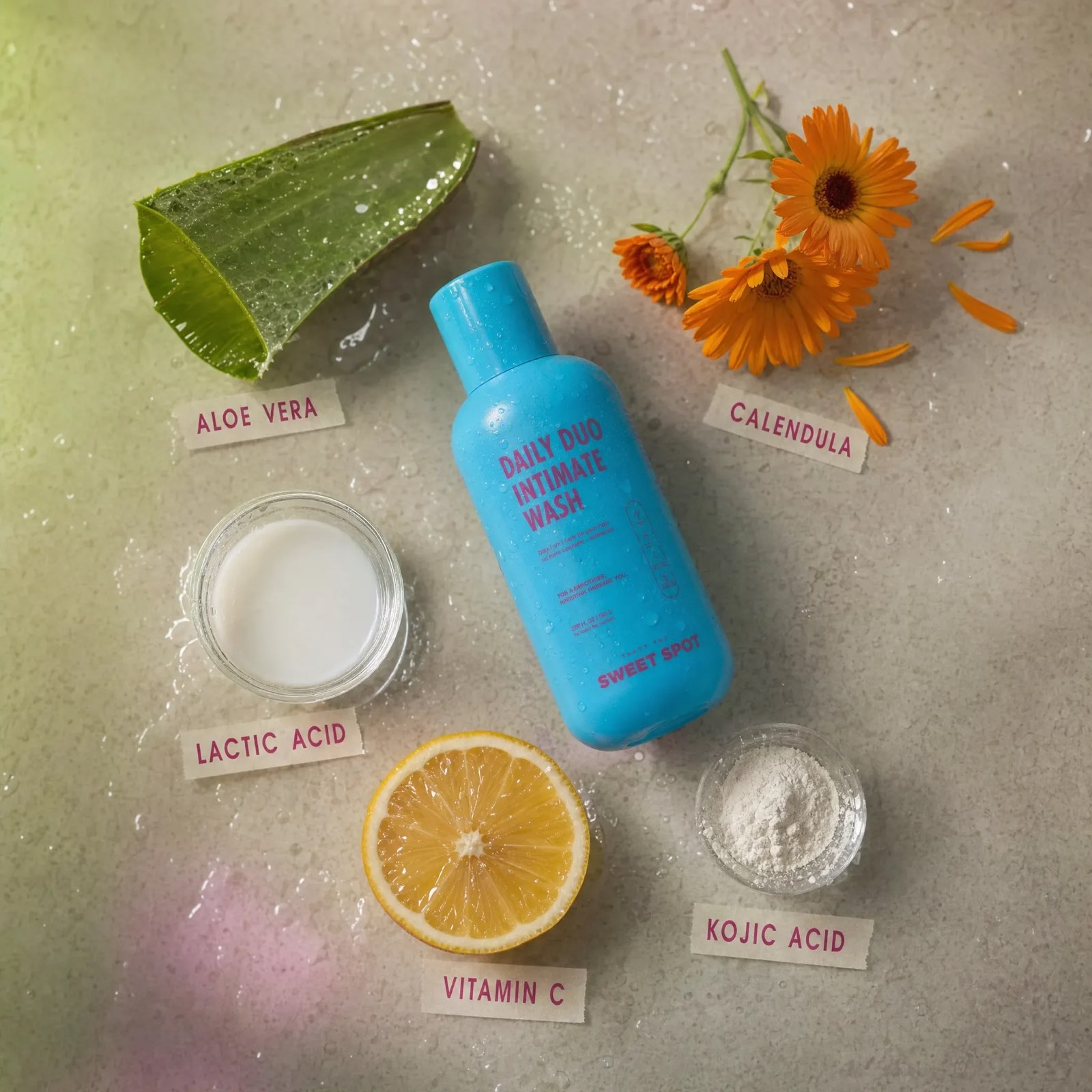 A blue Daily Duo Intimate Wash sits with aloe vera, calendula, a lemon marked vitamin C, and bowls labeled lactic acid and kojic acid.