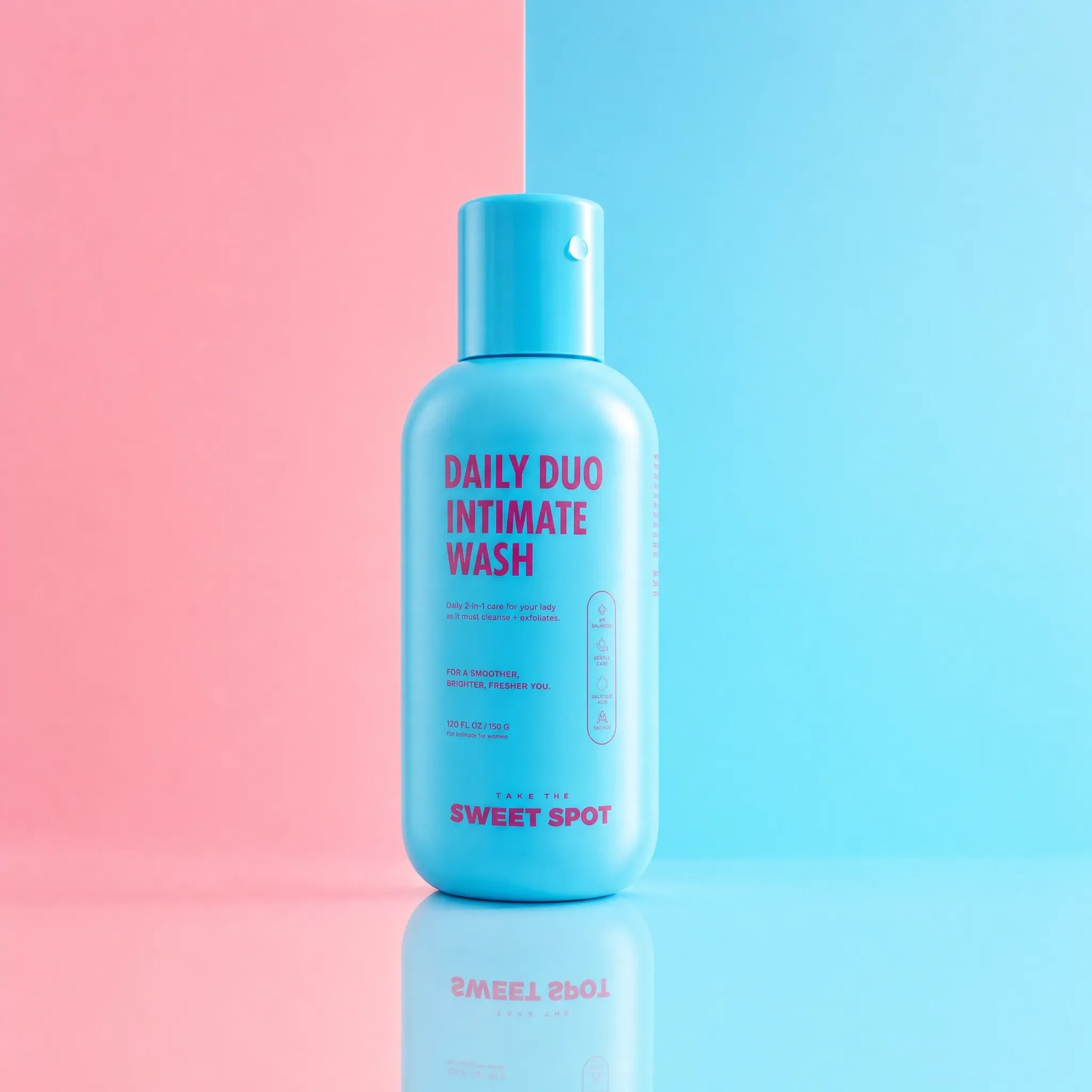 A blue Daily Duo Intimate Wash bottle from Sweet Spot stands on a glossy pink and blue set with its reflection below.