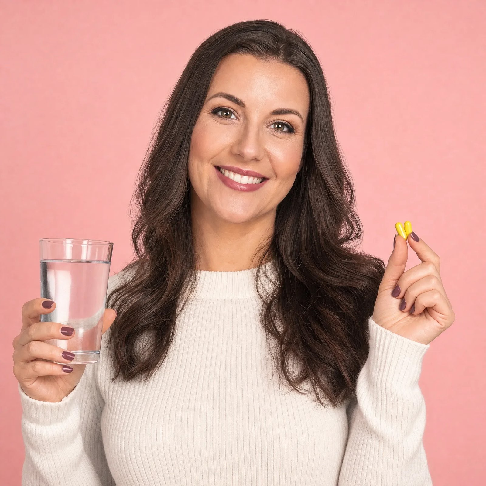 A woman in a cream sweater smiles against a pink backdrop while holding a glass of water and two yellow capsules.