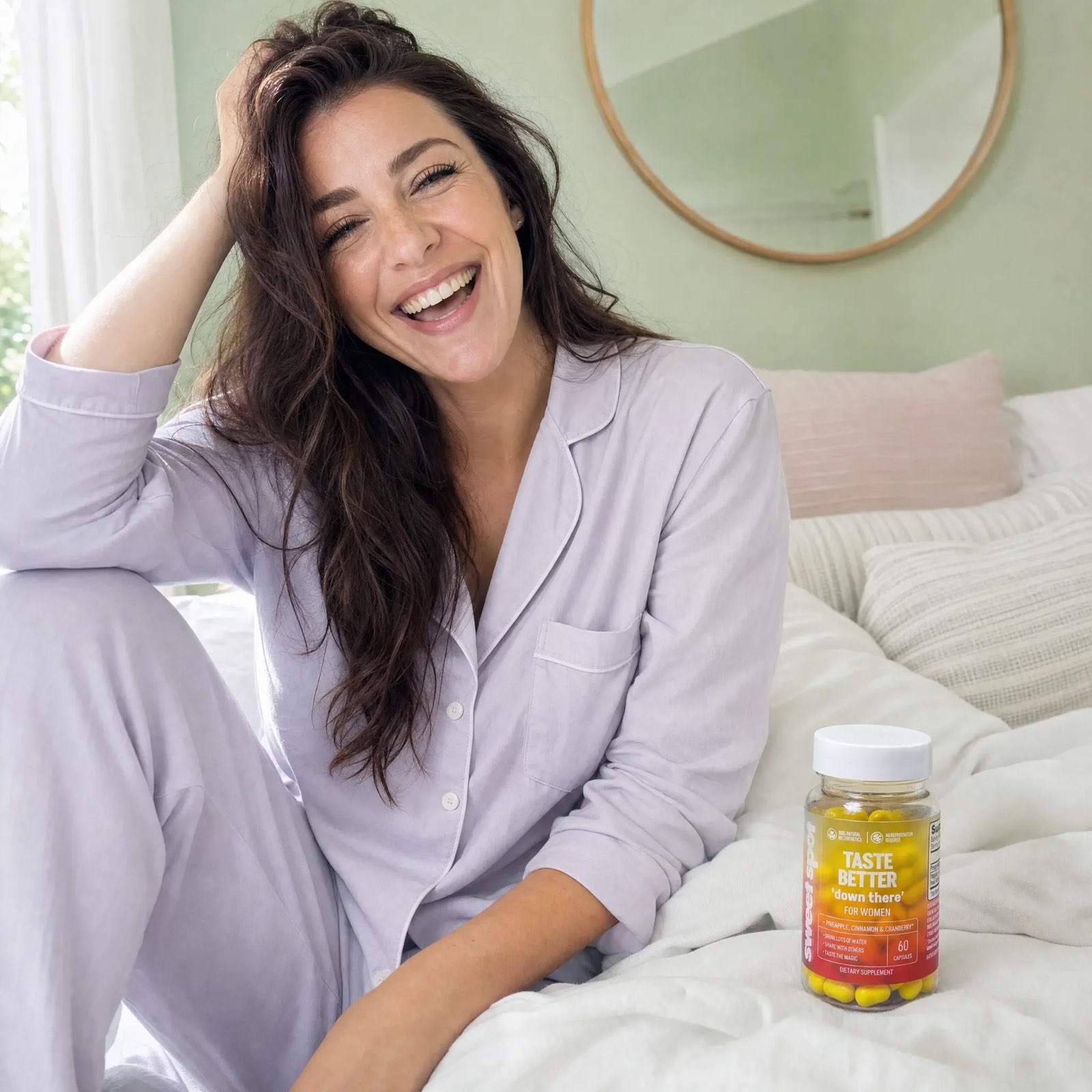 A woman in lavender pajamas laughs on a white bed beside a Sweet Spot bottle labeled taste better down there for women.