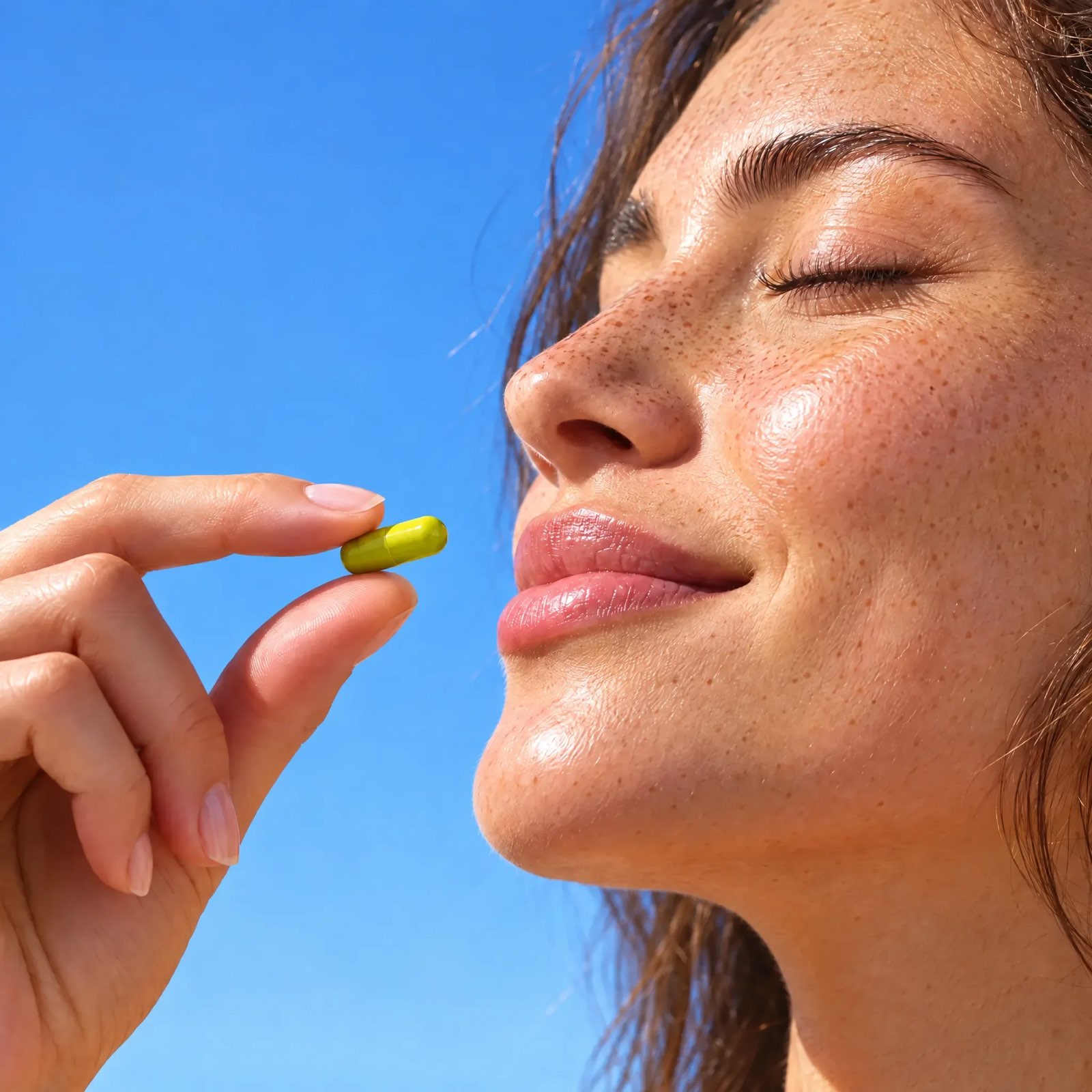 A freckled woman in profile holds a yellow capsule near her closed lips against a clear blue sky.