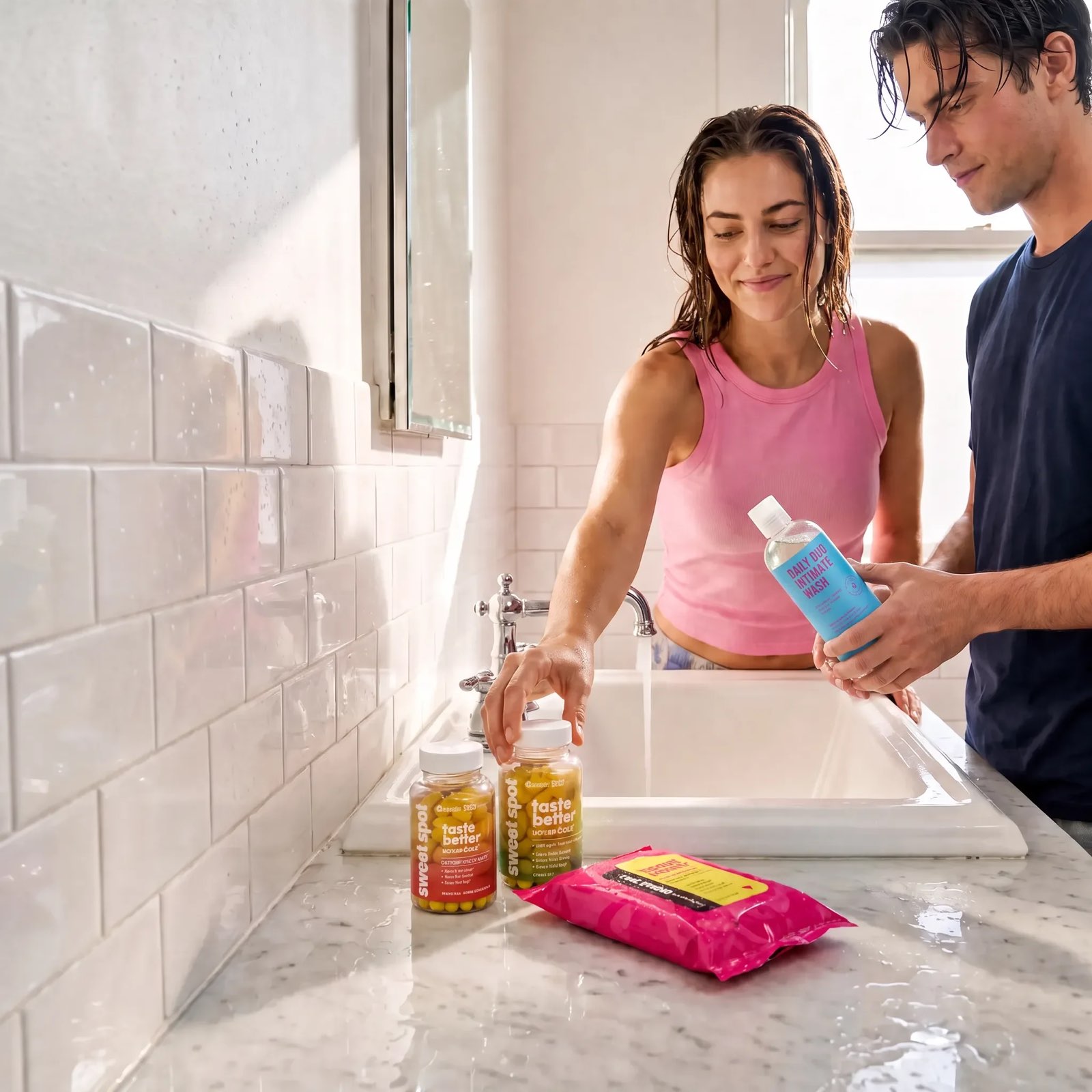 A couple stands at a running bathroom sink with two Sweet Spot taste better bottles, a pink wipes packet, and a blue Daily Duo Intimate Wash.