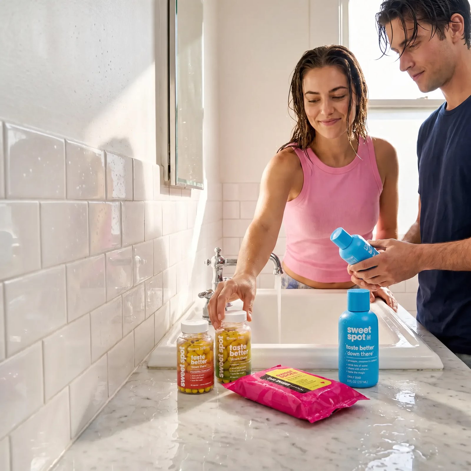 A woman at a sink reaches for a green Taste Better bottle while a man holds a blue wash beside an orange For Women bottle and Juicy Wipes.
