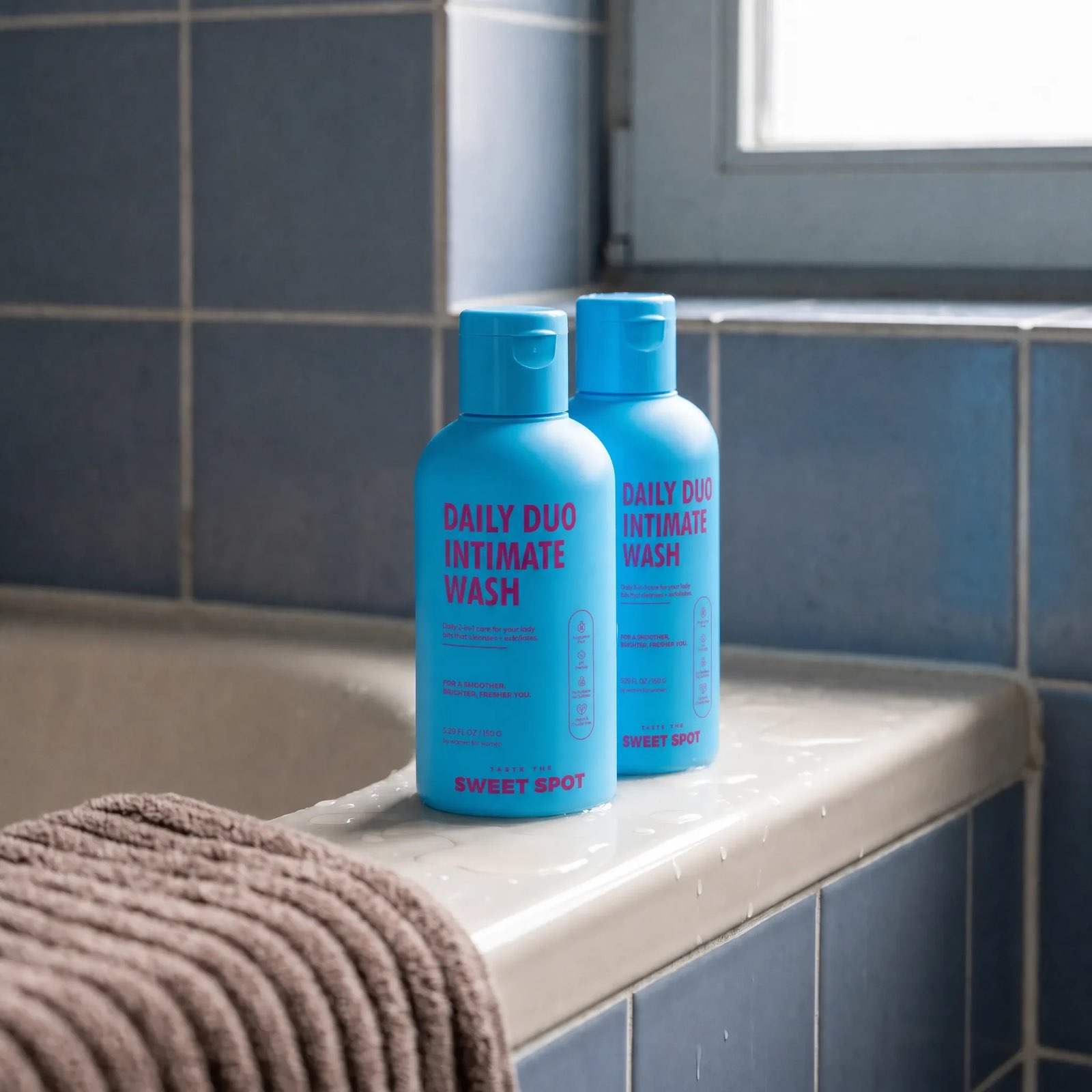 Two blue Daily Duo Intimate Wash bottles stand on a wet white tub ledge against blue tiles, with a beige towel in the foreground.