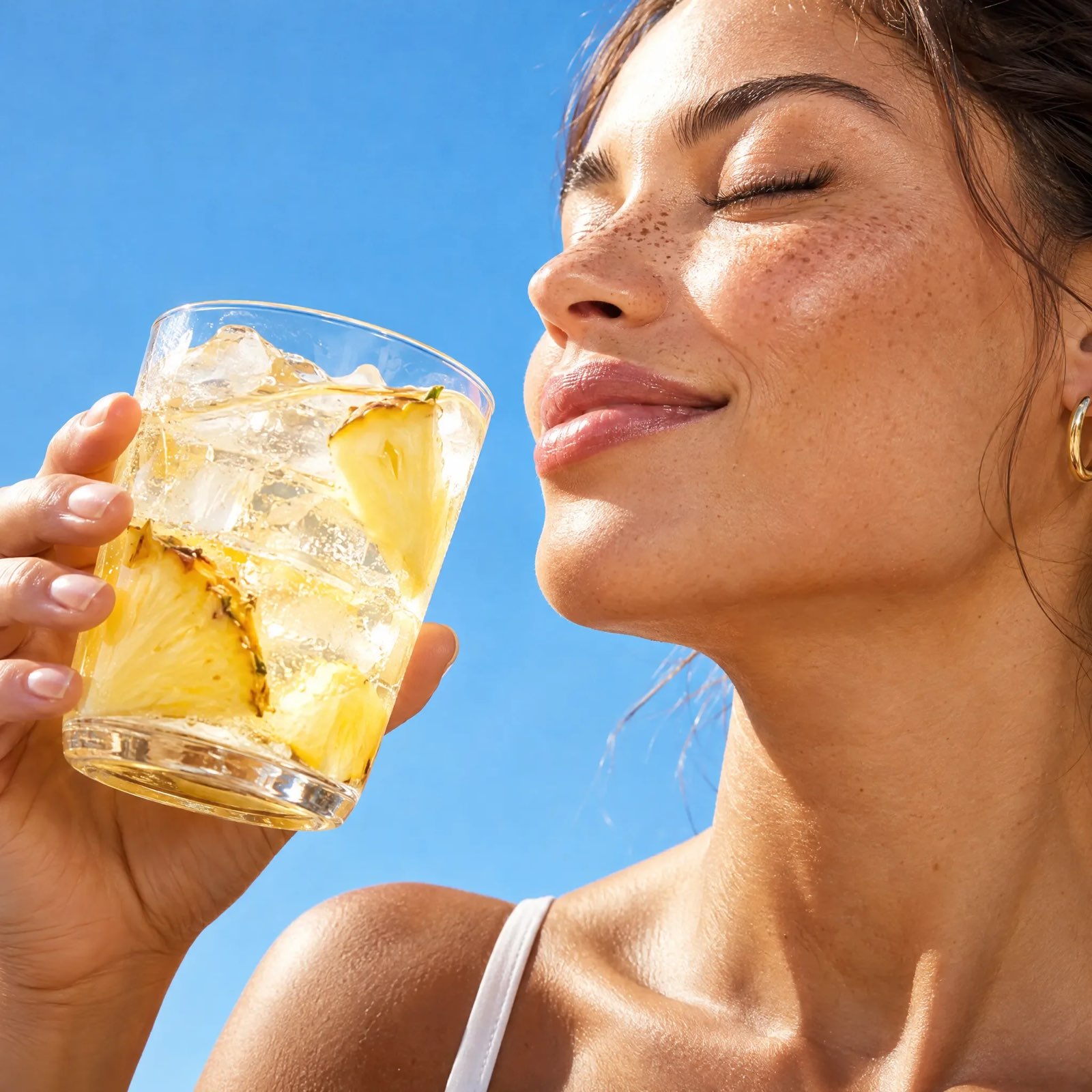 A woman with freckles and a gold hoop earring holds a glass of ice and pineapple against a clear blue sky, eyes closed.