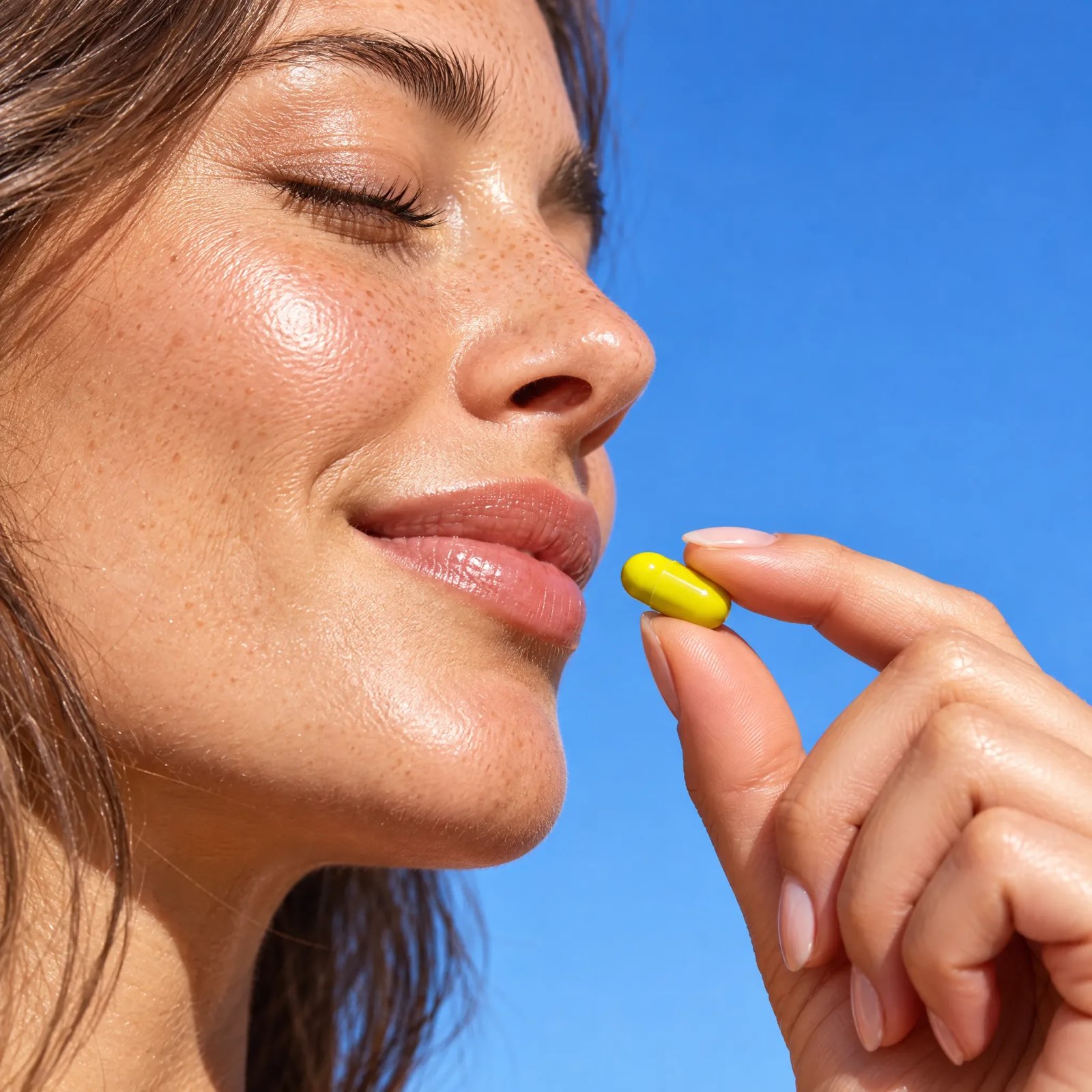In profile against a blue sky, a freckled woman holds a yellow capsule between her fingers just in front of her lips.