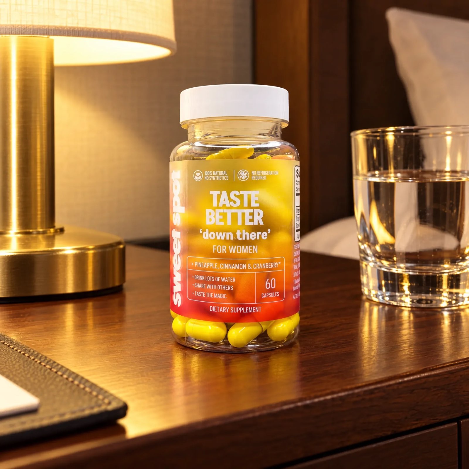 A Taste Better down there For Women bottle stands on a wooden nightstand beside a brass lamp and a glass of water, with a bed behind it.