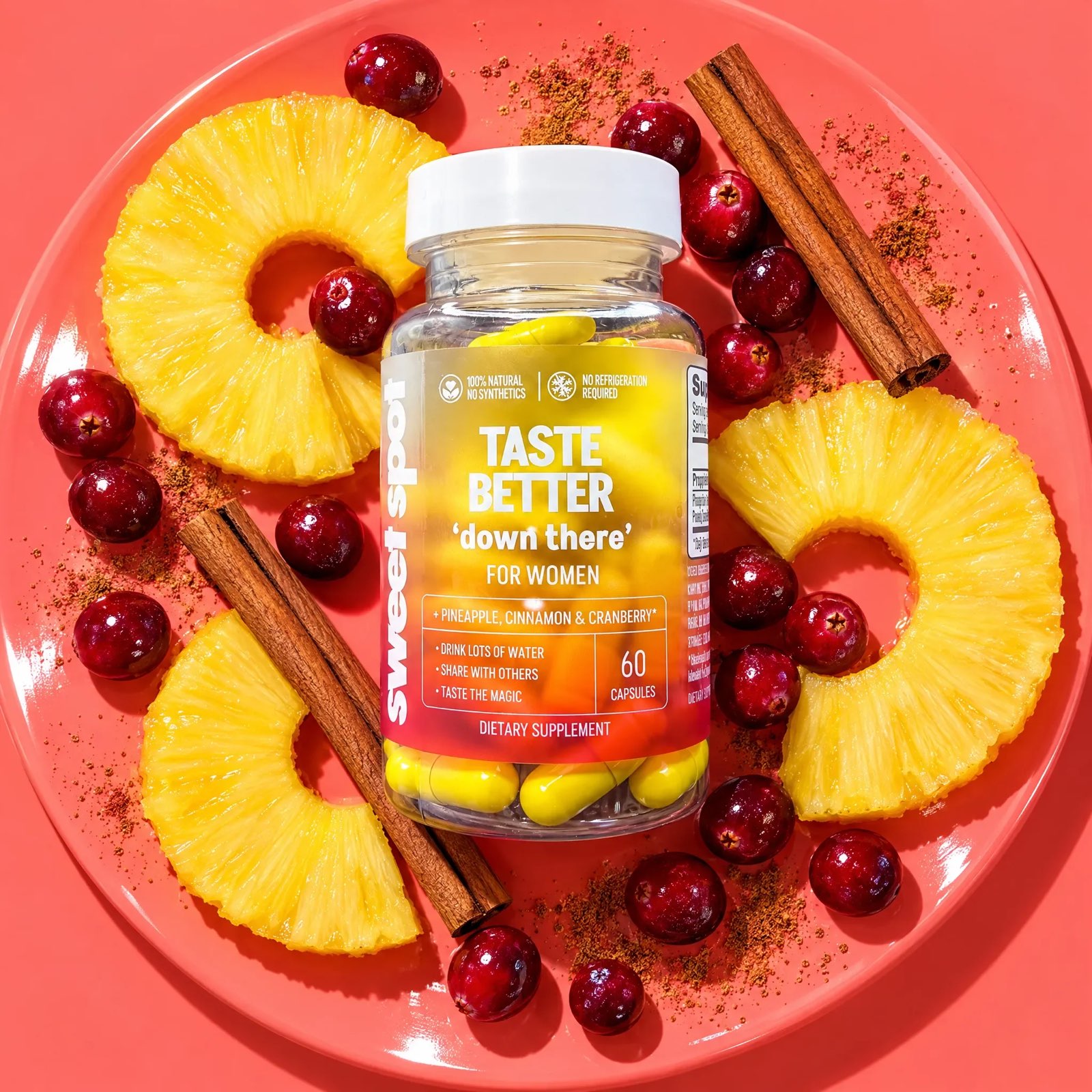 A Taste Better down there For Women bottle sits on a pink plate ringed with pineapple slices, cranberries, and cinnamon sticks.
