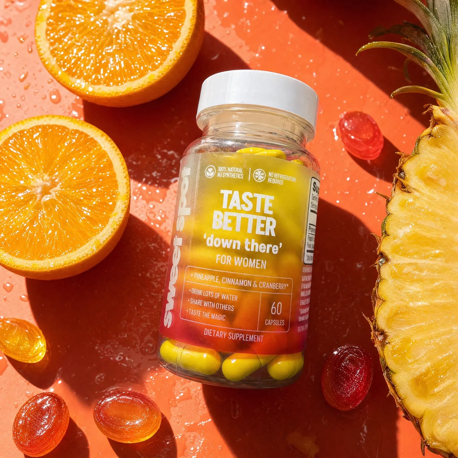 A Sweet Spot Taste Better down there For Women bottle lies among orange halves, a cut pineapple, and red and yellow candies on wet coral.
