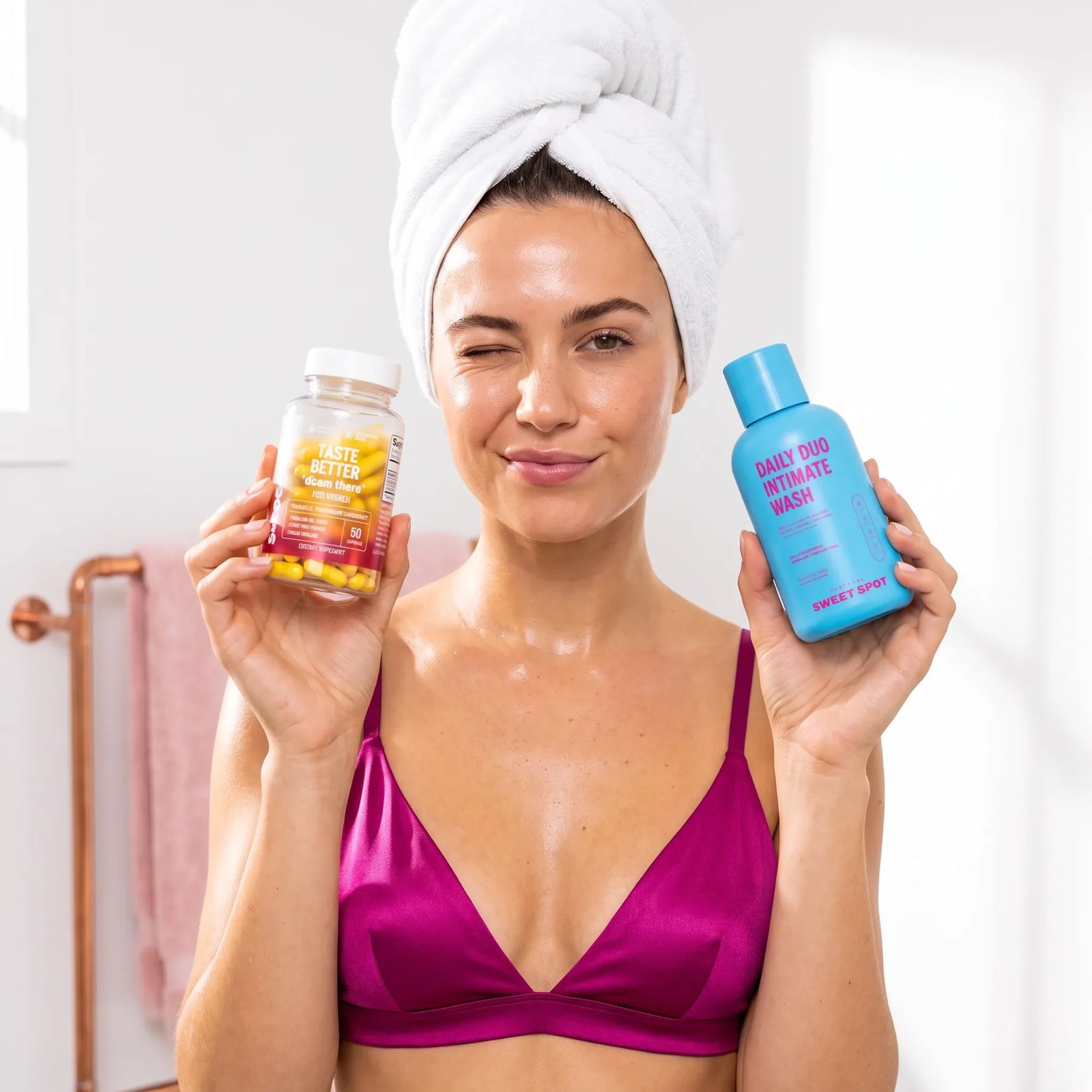 A woman in a magenta bra and towel turban winks beside a copper towel bar, holding a Taste Better bottle and a blue Daily Duo wash.