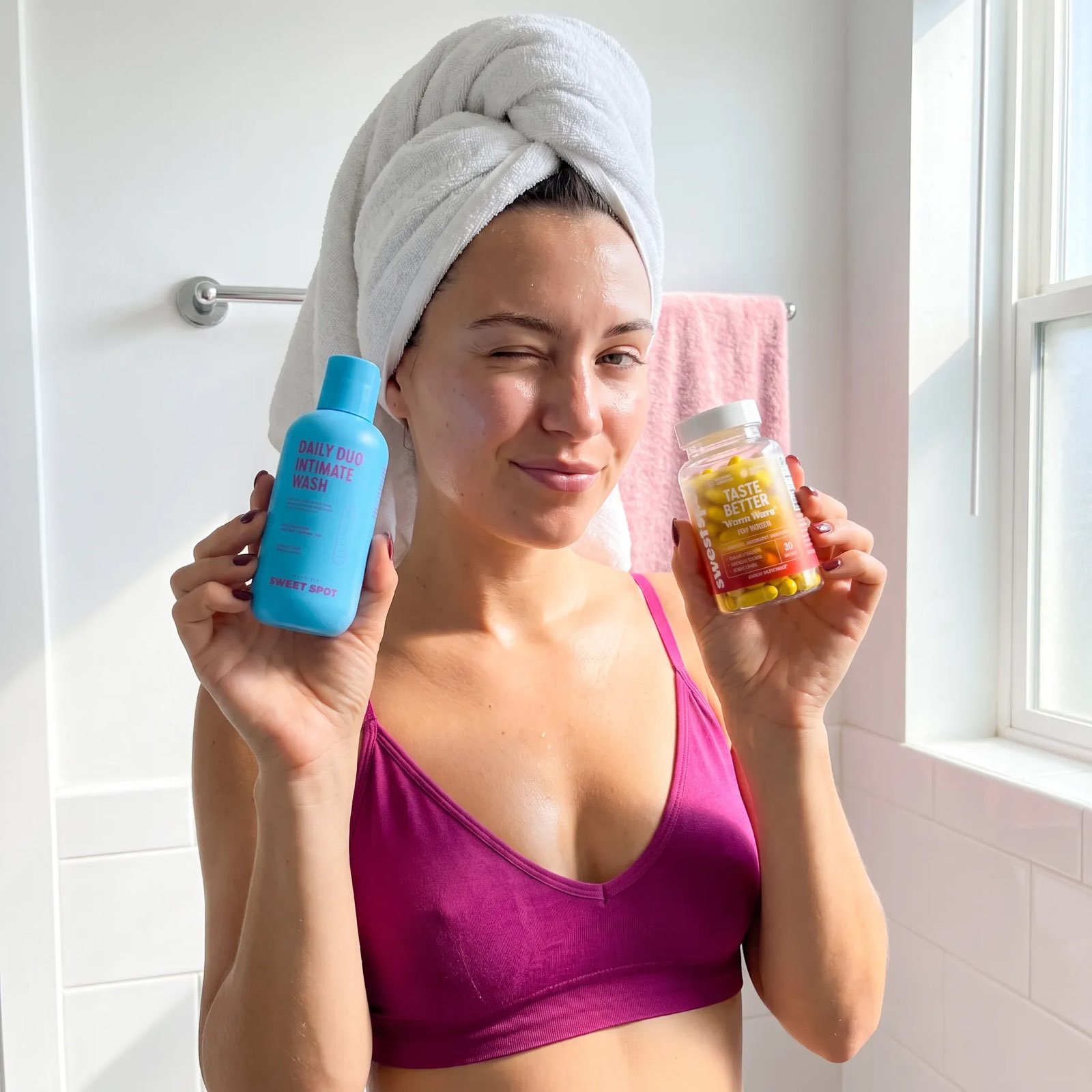 A woman in a magenta bra and white towel turban winks by a bright window, holding a blue Daily Duo wash and a Taste Better down there bottle.