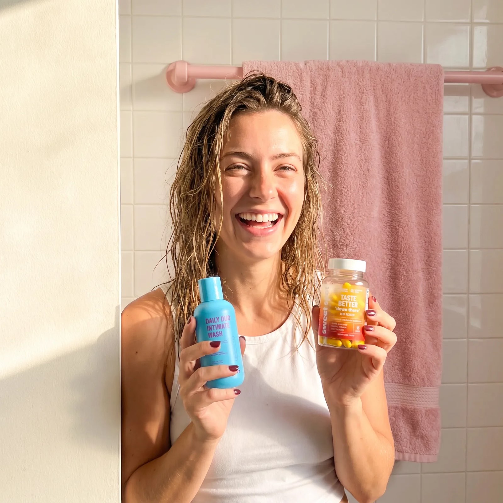 A laughing woman with wet hair and a white tank holds a blue Daily Duo wash and a Taste Better down there bottle beside a pink towel.