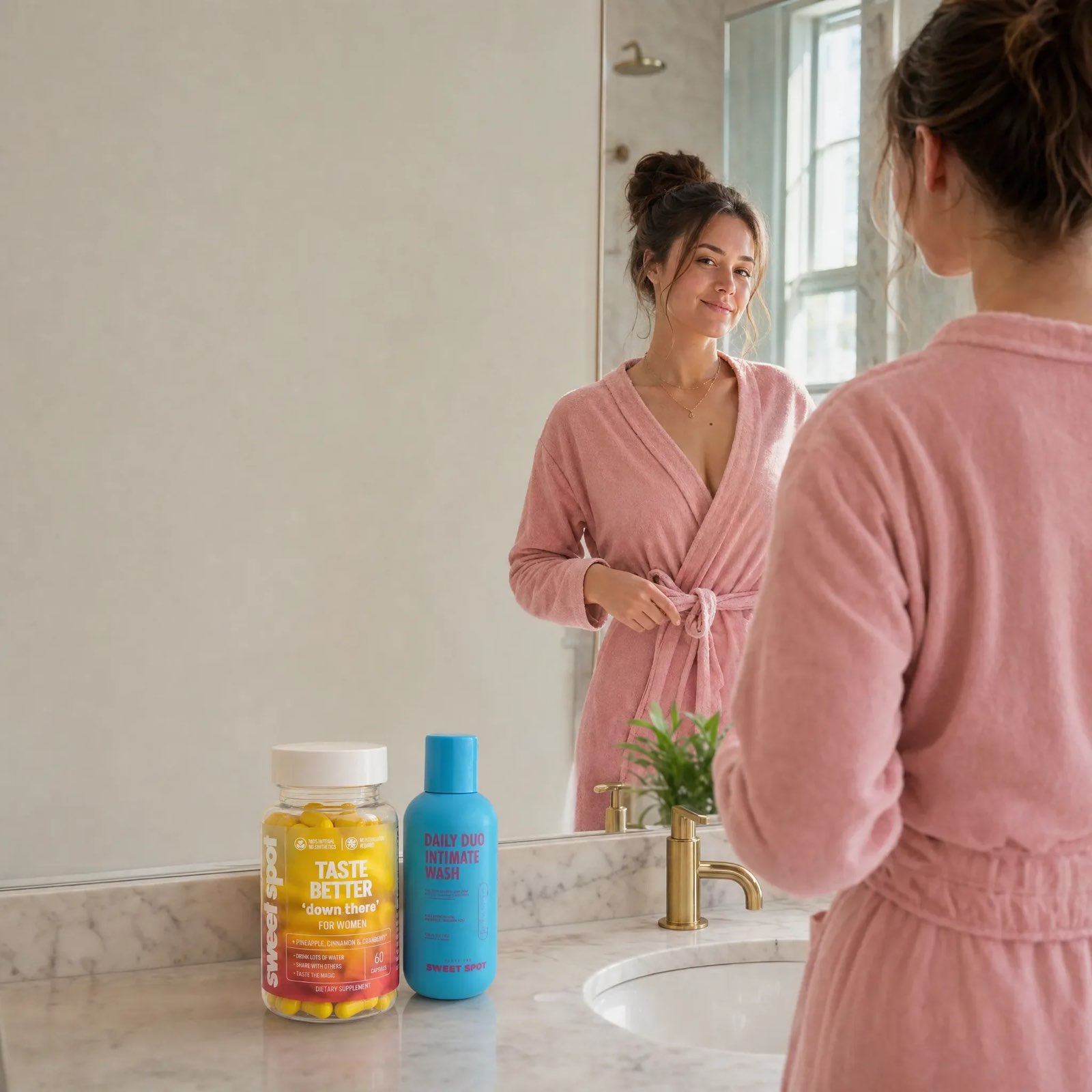 From behind, a woman in a pink robe faces her mirror, with a For Women Taste Better bottle and a blue Daily Duo wash on marble.