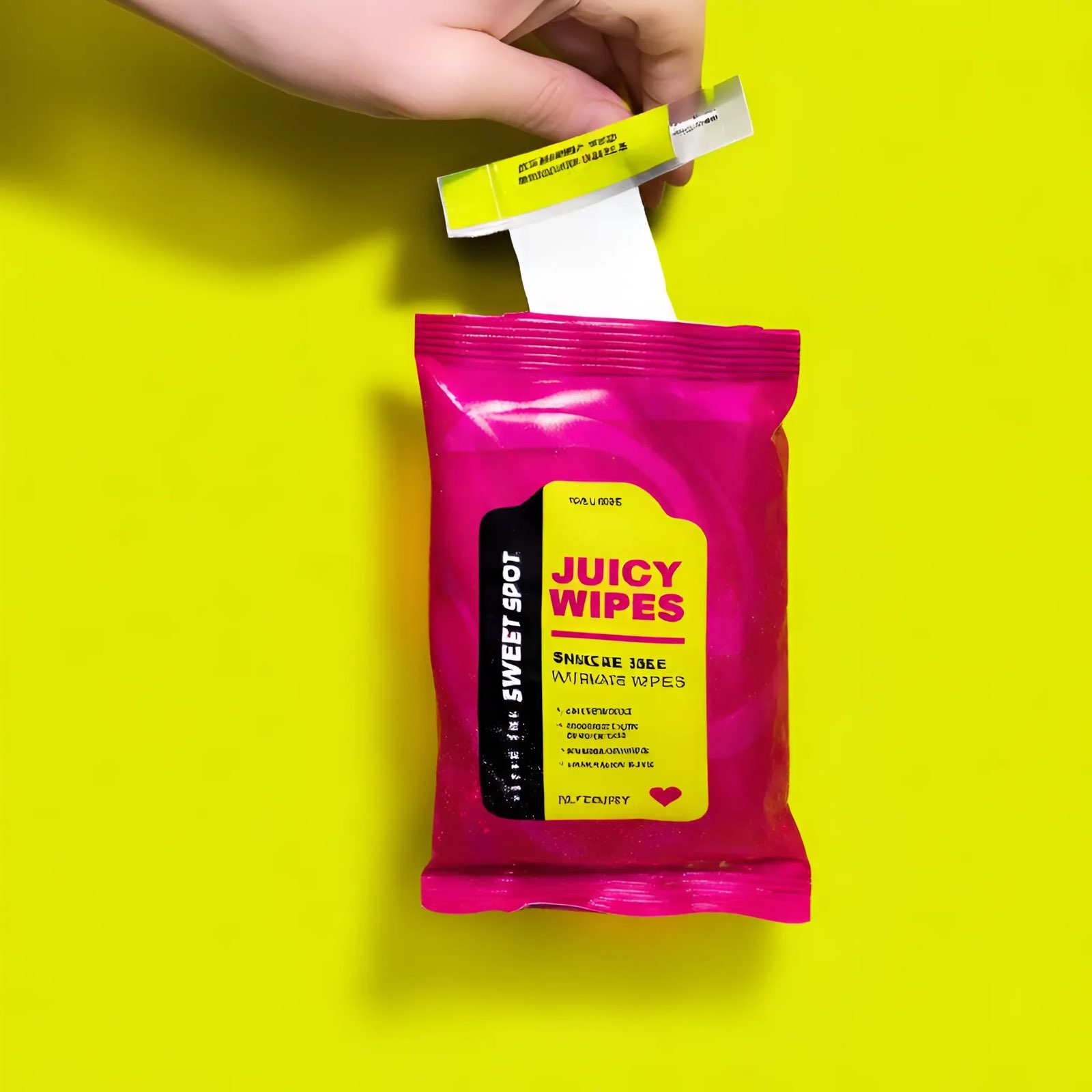 A hand pulls a white wipe from a bright pink Juicy Wipes packet labeled Sweet Spot, set against a yellow background.