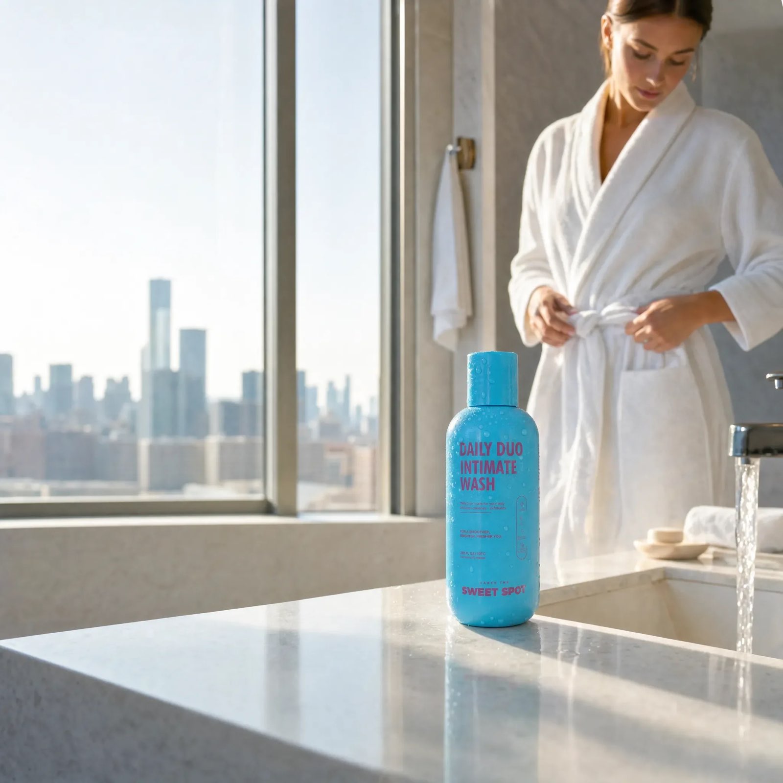 A blue Daily Duo Intimate Wash bottle sits on a marble sink while a woman in a white robe ties her belt beside a city window.