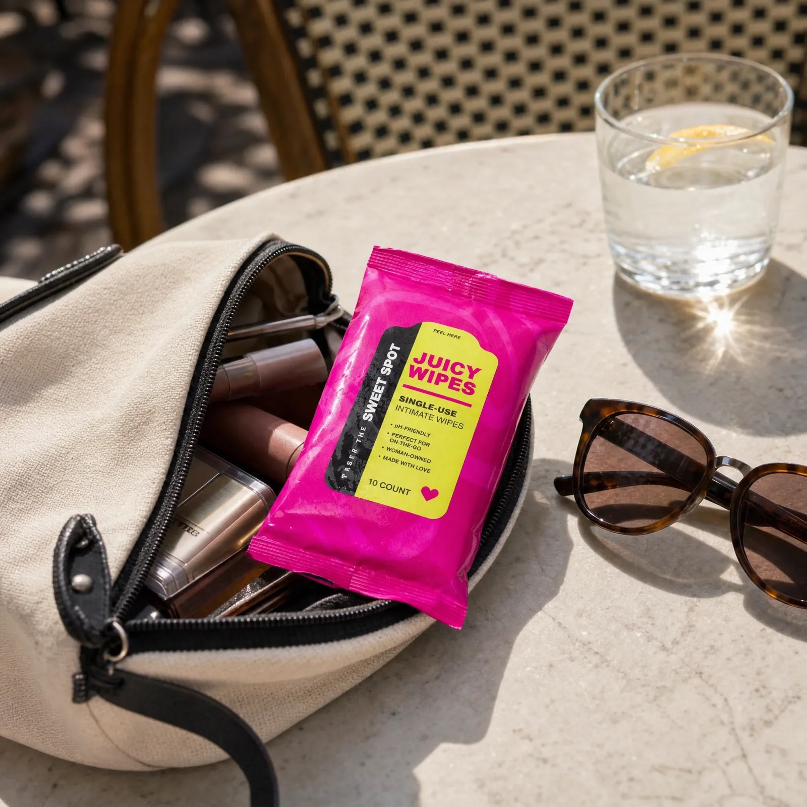A pink Juicy Wipes packet labeled Taste the Sweet Spot sticks out of an open beige bag on a table with sunglasses and a water glass.