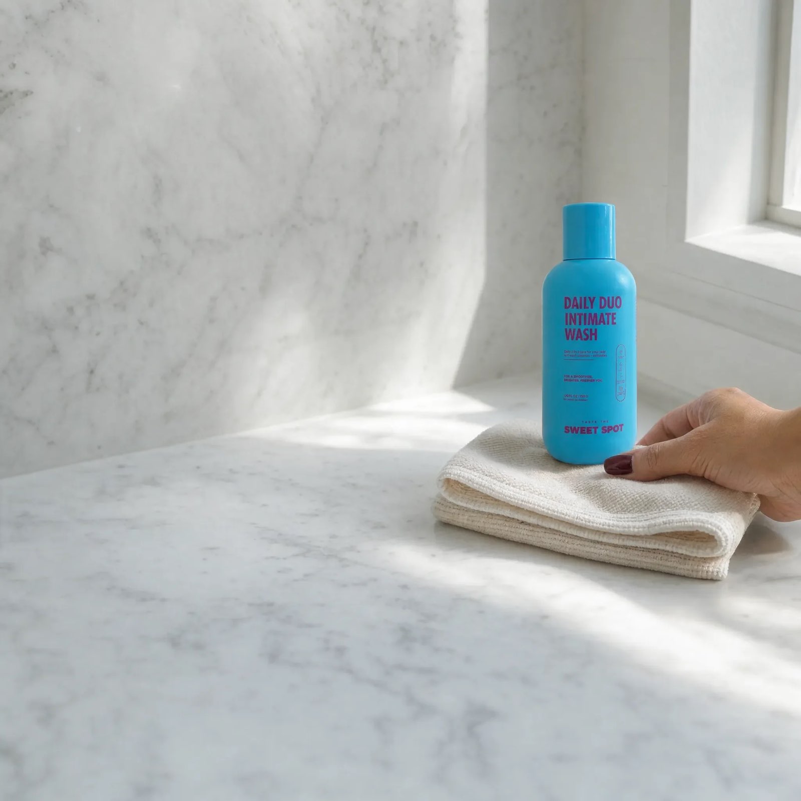 A hand rests beside a blue Daily Duo Intimate Wash bottle standing on a folded beige towel on a sunlit marble ledge.