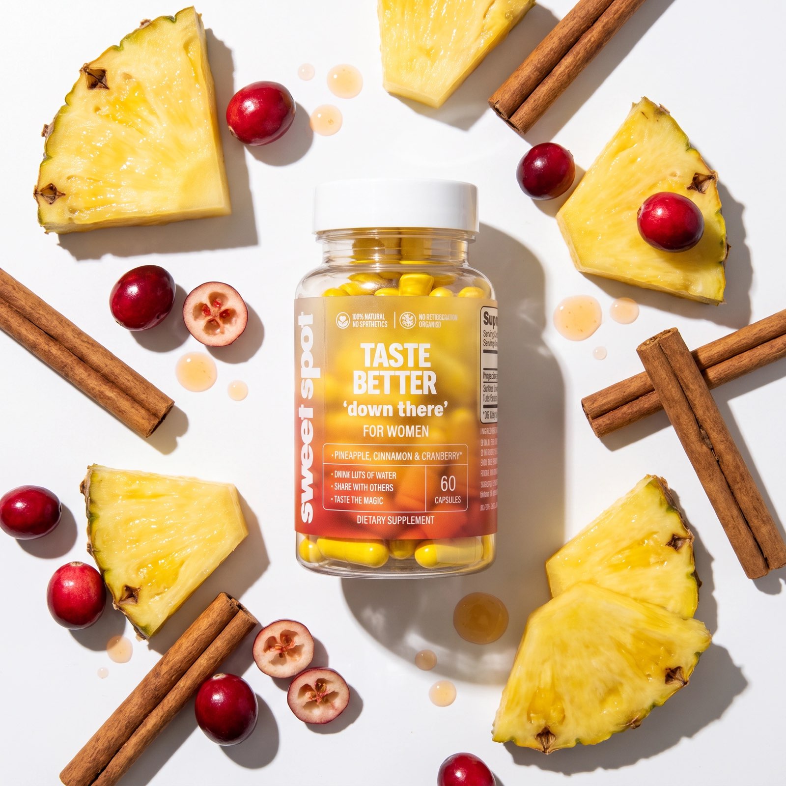 A clear Sweet Spot bottle labeled Taste Better down there for women sits on white among pineapple wedges, cranberries, cinnamon sticks, and honey drops.