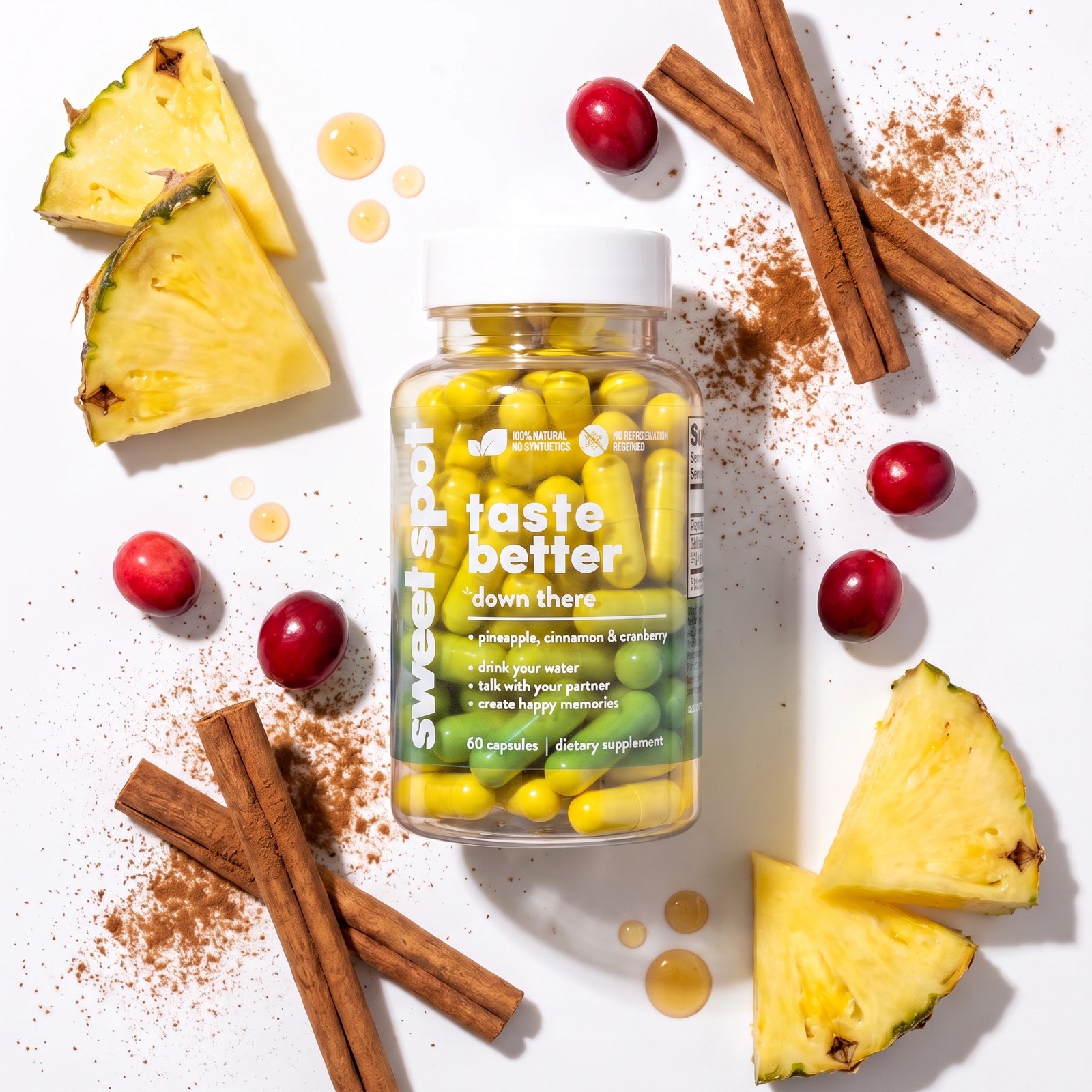 A clear Sweet Spot bottle labeled taste better down there, filled with green and yellow capsules, sits on white with pineapple, cranberries, cinnamon, and honey.