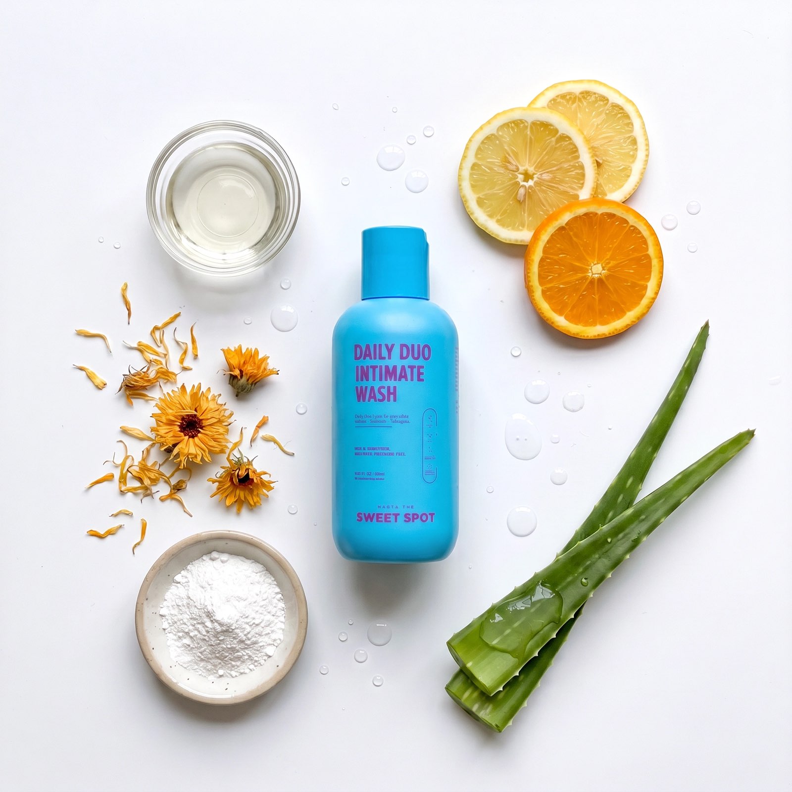 A blue wash bottle labeled Daily Duo Intimate Wash stands on white beside lemon and orange slices, aloe, yellow flowers, a small glass, and white powder.