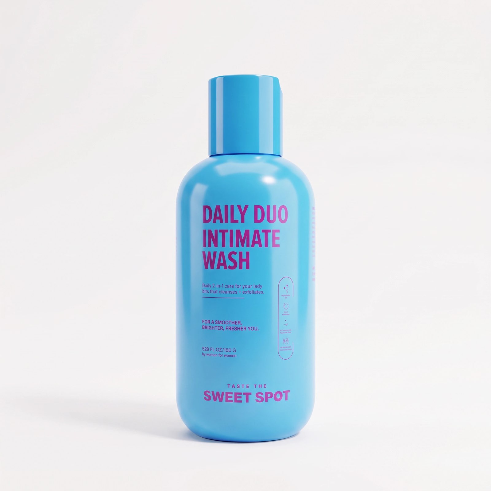 A blue wash bottle labeled Daily Duo Intimate Wash and Taste the Sweet Spot stands alone on a plain off-white studio background.